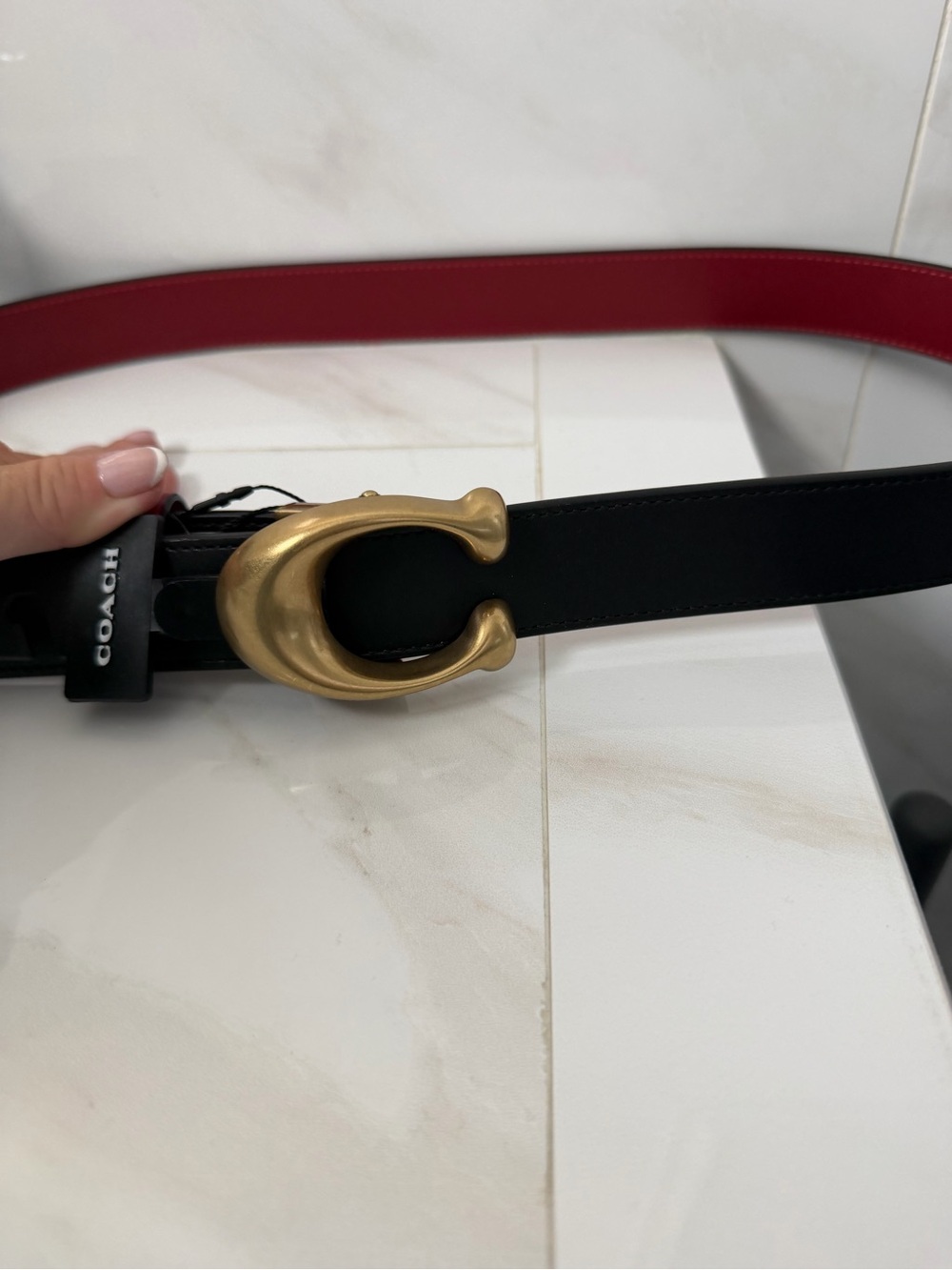 Coach Red Leather Belt with Sculptural Gold 'C' Buckle Men’s, reversible
